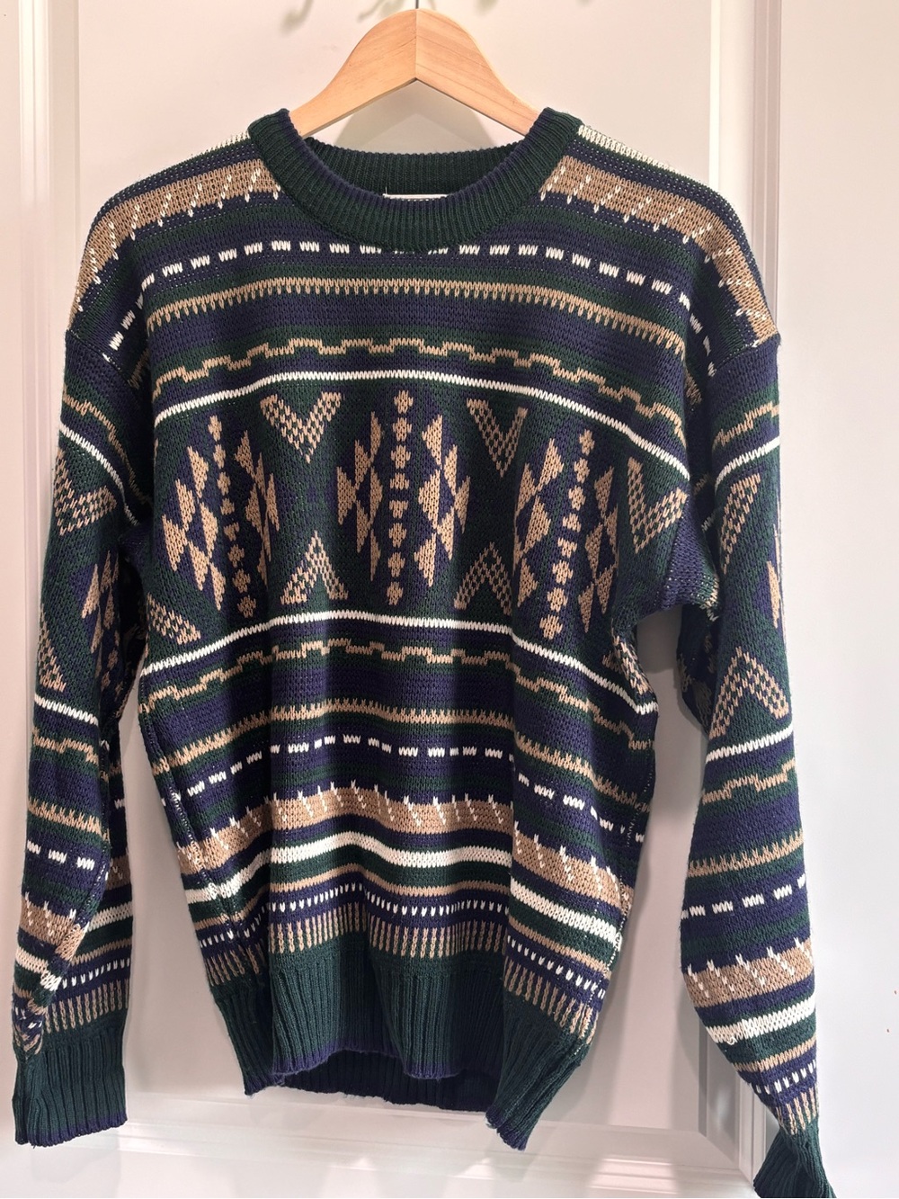 Vintage 90’s Sears Men's Geometric Crewneck Sweater in Green, Tan & Navy